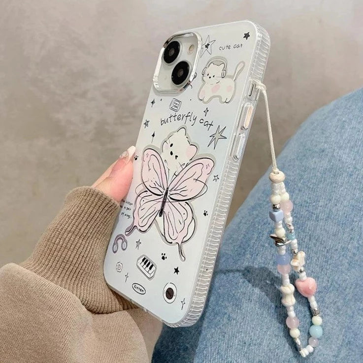 Cute Cartoon Butterfly Cat Phone Case with Chain for iPhone 11, 12, 13, 14, 15 Pro Max, and 15 Plus