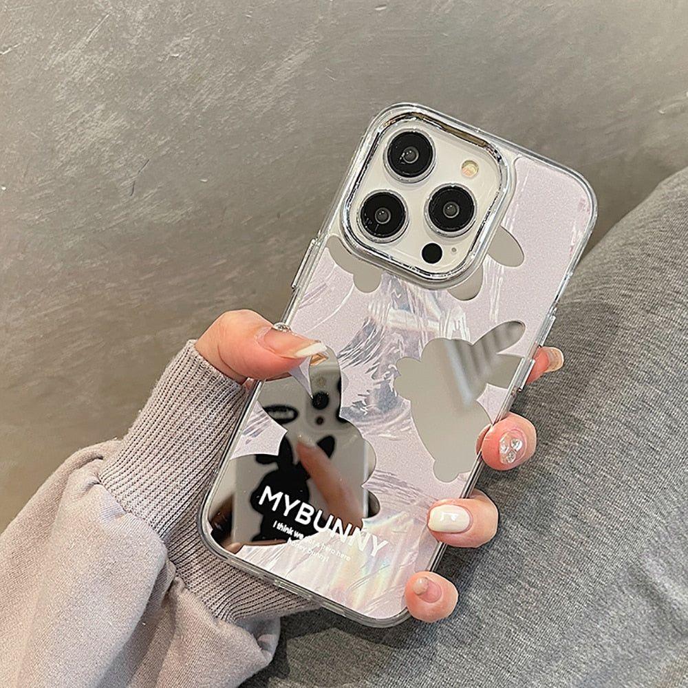 Cute Cartoon Rabbit Makeup Mirror Phone Cases for iPhone 11, 12, 13, 14 Pro Max