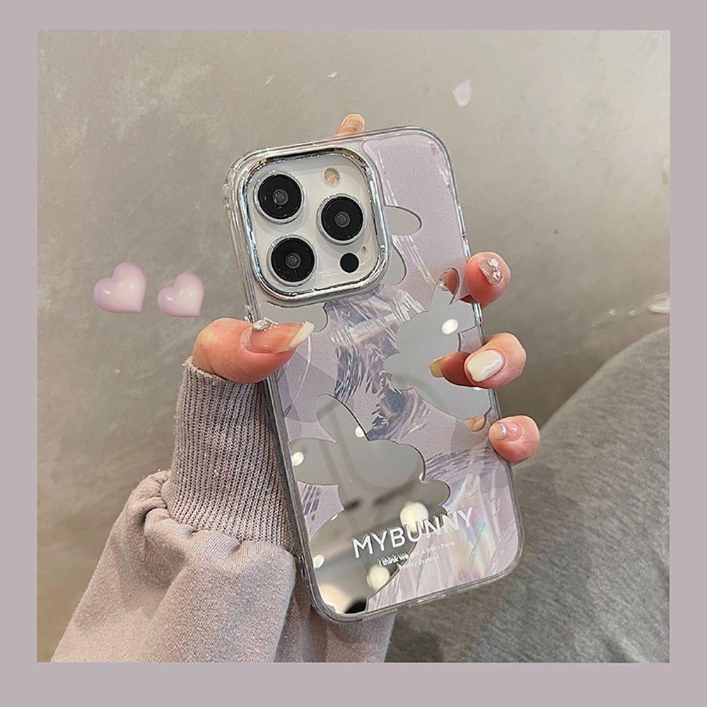 Cute Cartoon Rabbit Makeup Mirror Phone Cases for iPhone 11, 12, 13, 14 Pro Max