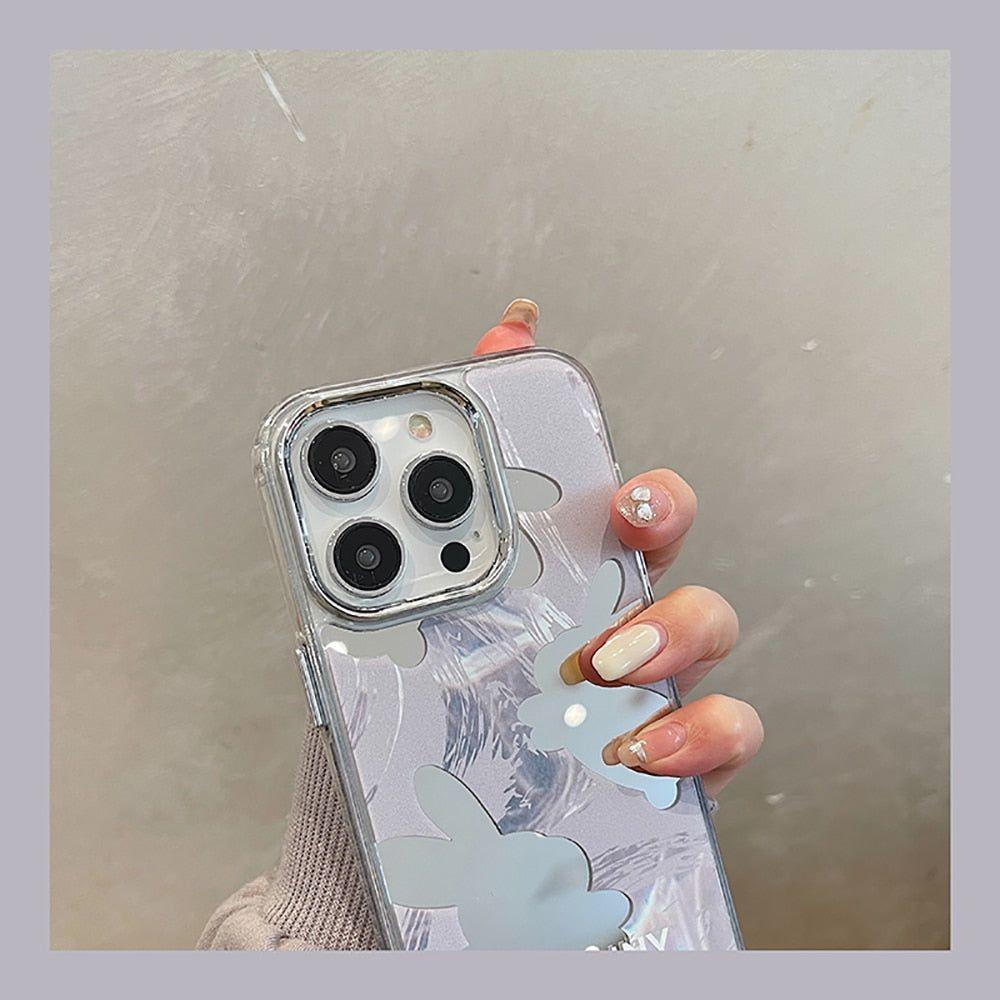 Cute Cartoon Rabbit Makeup Mirror Phone Cases for iPhone 11, 12, 13, 14 Pro Max