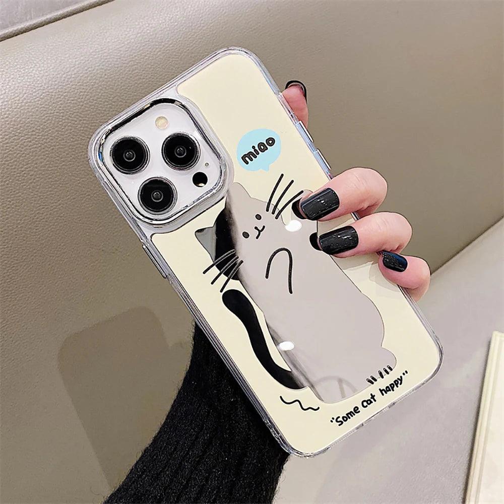 Cute Cat Cartoon Makeup Mirror Plating - Phone Cases for iPhone 14 Pro, 11, 12, and 13 Pro Max