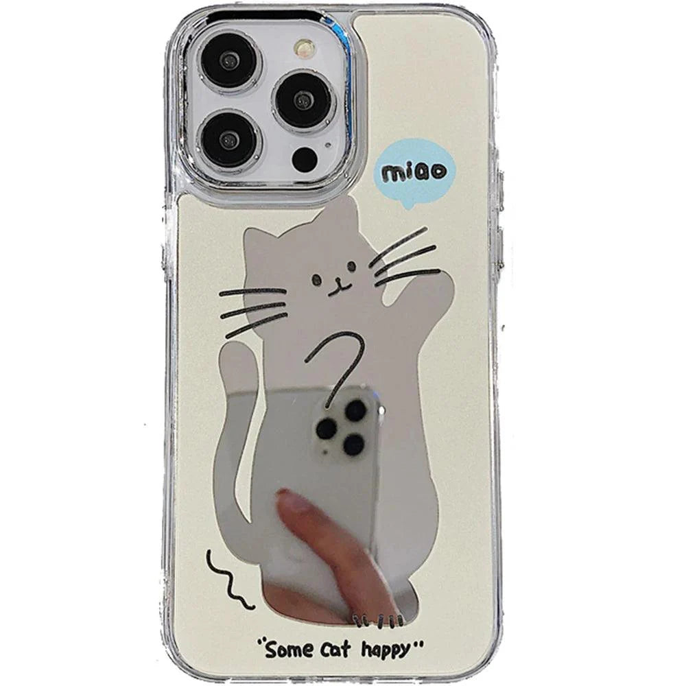 Cute Cat Cartoon Makeup Mirror Plating - Phone Cases for iPhone 14 Pro, 11, 12, and 13 Pro Max