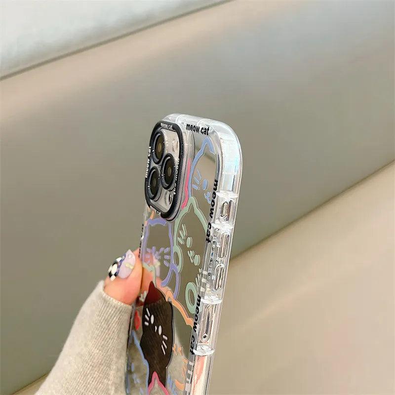 Cute Cat Plating Mirror Painted Lines Phone Case for iPhone 11, 12, 13, 14, 15 Pro, and Pro Max