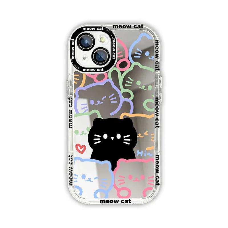 Cute Cat Plating Mirror Painted Lines Phone Case for iPhone 11, 12, 13, 14, 15 Pro, and Pro Max