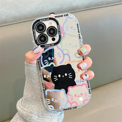 Cute Cat Plating Mirror Painted Lines Phone Case for iPhone 11, 12, 13, 14, 15 Pro, and Pro Max