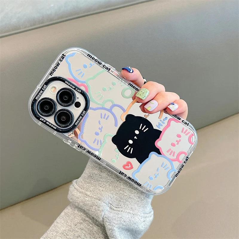 Cute Cat Plating Mirror Painted Lines Phone Case for iPhone 11, 12, 13, 14, 15 Pro, and Pro Max