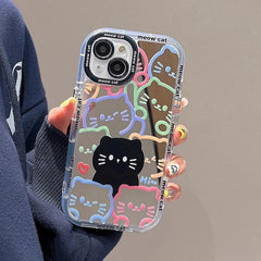 Cute Cat Plating Mirror Painted Lines Phone Case for iPhone 11, 12, 13, 14, 15 Pro, and Pro Max