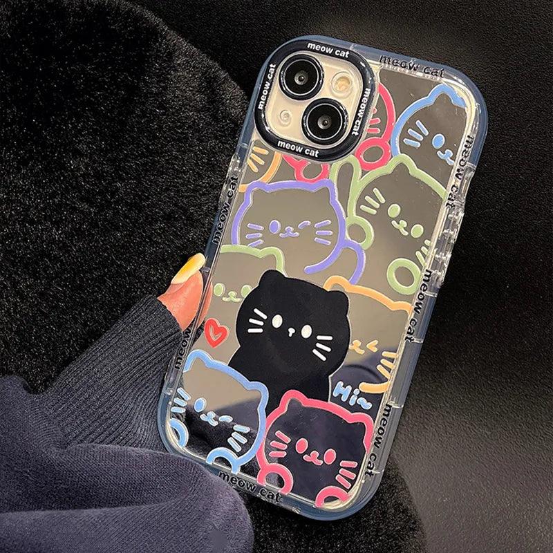 Cute Cat Plating Mirror Painted Lines Phone Case for iPhone 11, 12, 13, 14, 15 Pro, and Pro Max