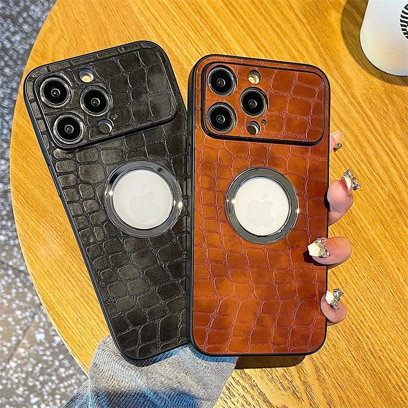 Cute Crocodile Pattern Leather Hard Phone Case with Logo Hole for iPhone 11 12 13 and 14 Pro Max