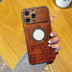 Cute Crocodile Pattern Leather Hard Phone Case with Logo Hole for iPhone 11 12 13 and 14 Pro Max