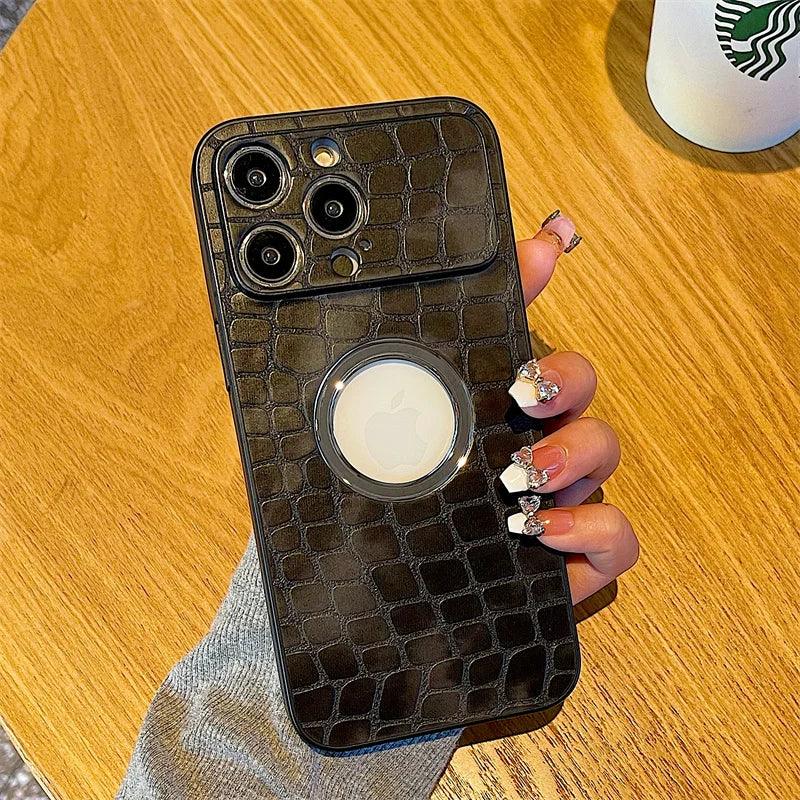 Cute Crocodile Pattern Leather Hard Phone Case with Logo Hole for iPhone 11 12 13 and 14 Pro Max