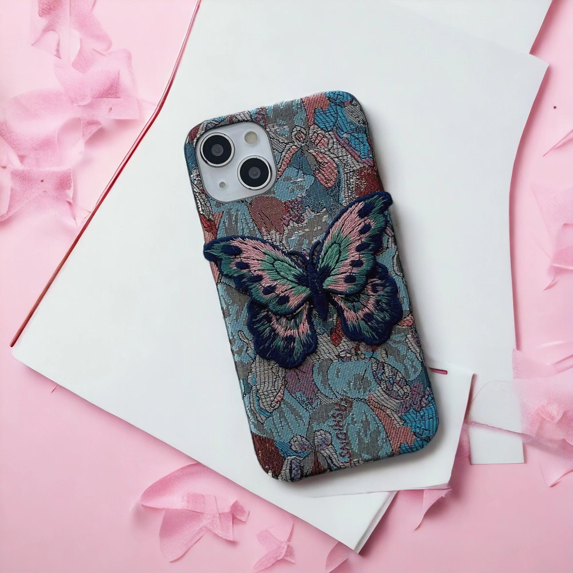 Cute Fabric Butterfly Phone Case for iPhone 15 Pro Max, 14, 13, 11, 12