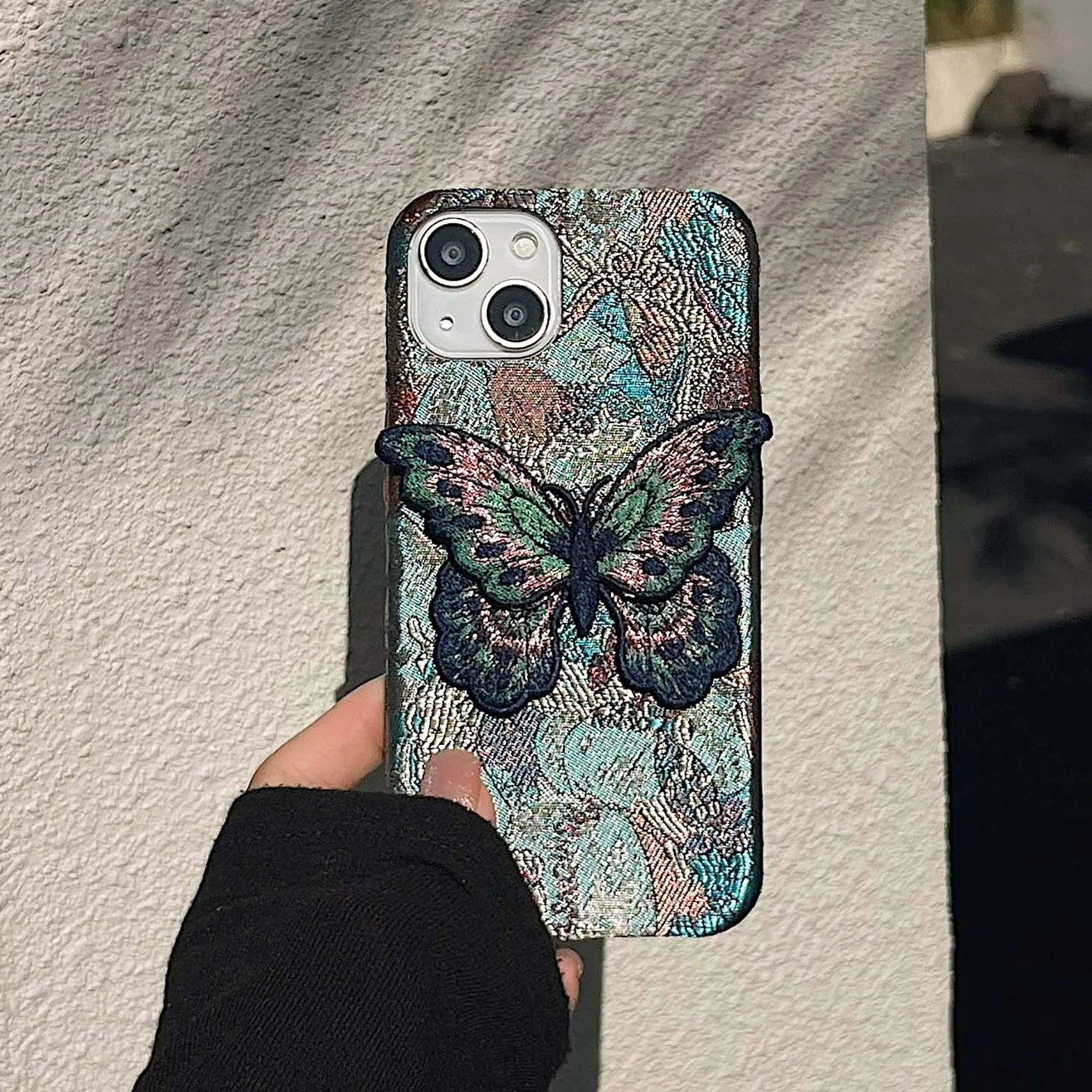 Cute Fabric Butterfly Phone Case for iPhone 15 Pro Max, 14, 13, 11, 12