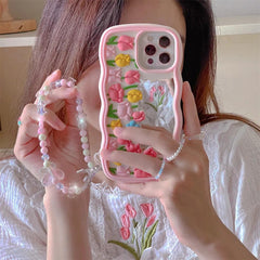 Cute Floral Phone Cases for iPhone 14, 13, 12, 11 Pro, XS Max, XR, X SE2, 6, 7, 8 Plus - Luxurious Soft Silicone Phone Cover with Lanyard and Pearl