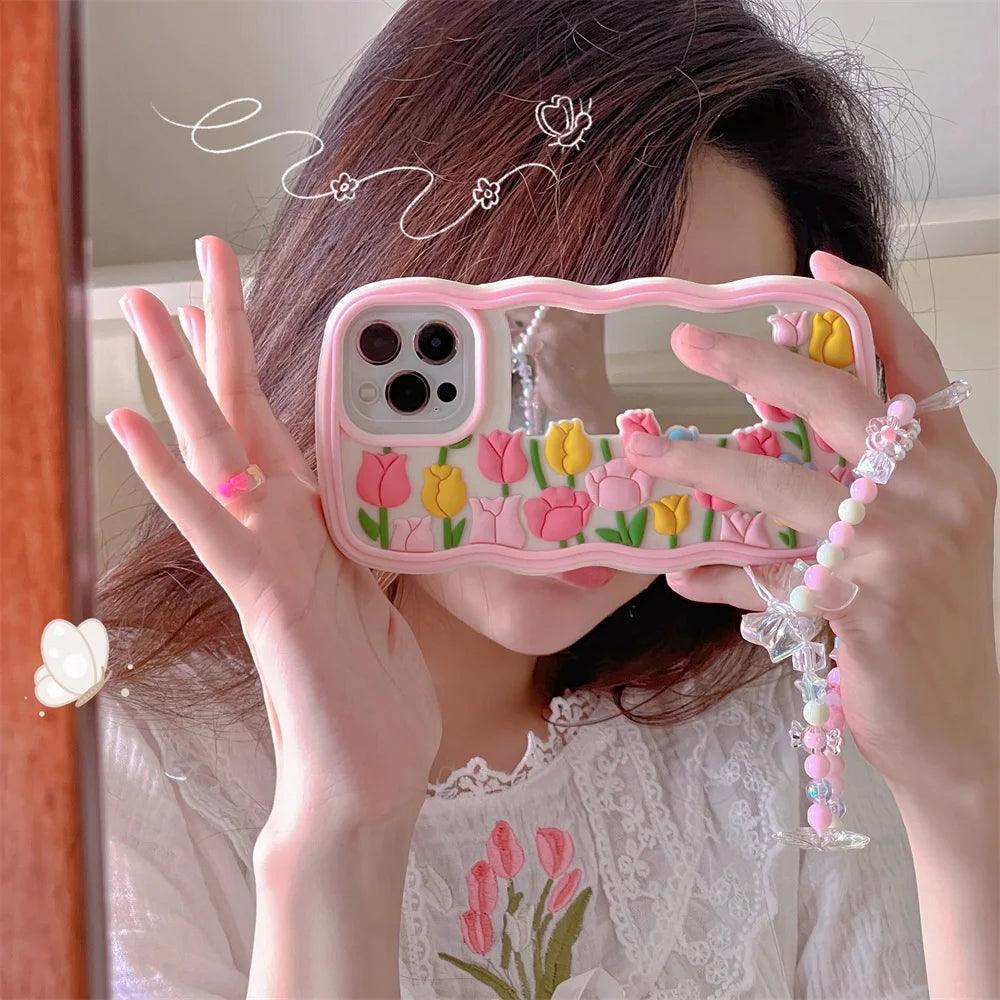 Cute Floral Phone Cases for iPhone 14, 13, 12, 11 Pro, XS Max, XR, X SE2, 6, 7, 8 Plus - Luxurious Soft Silicone Phone Cover with Lanyard and Pearl