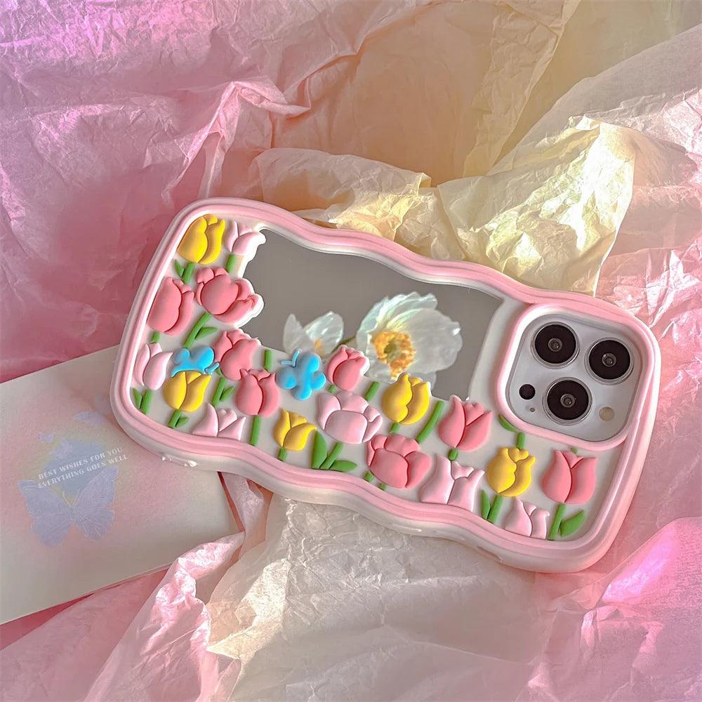 Cute Floral Phone Cases for iPhone 14, 13, 12, 11 Pro, XS Max, XR, X SE2, 6, 7, 8 Plus - Luxurious Soft Silicone Phone Cover with Lanyard and Pearl