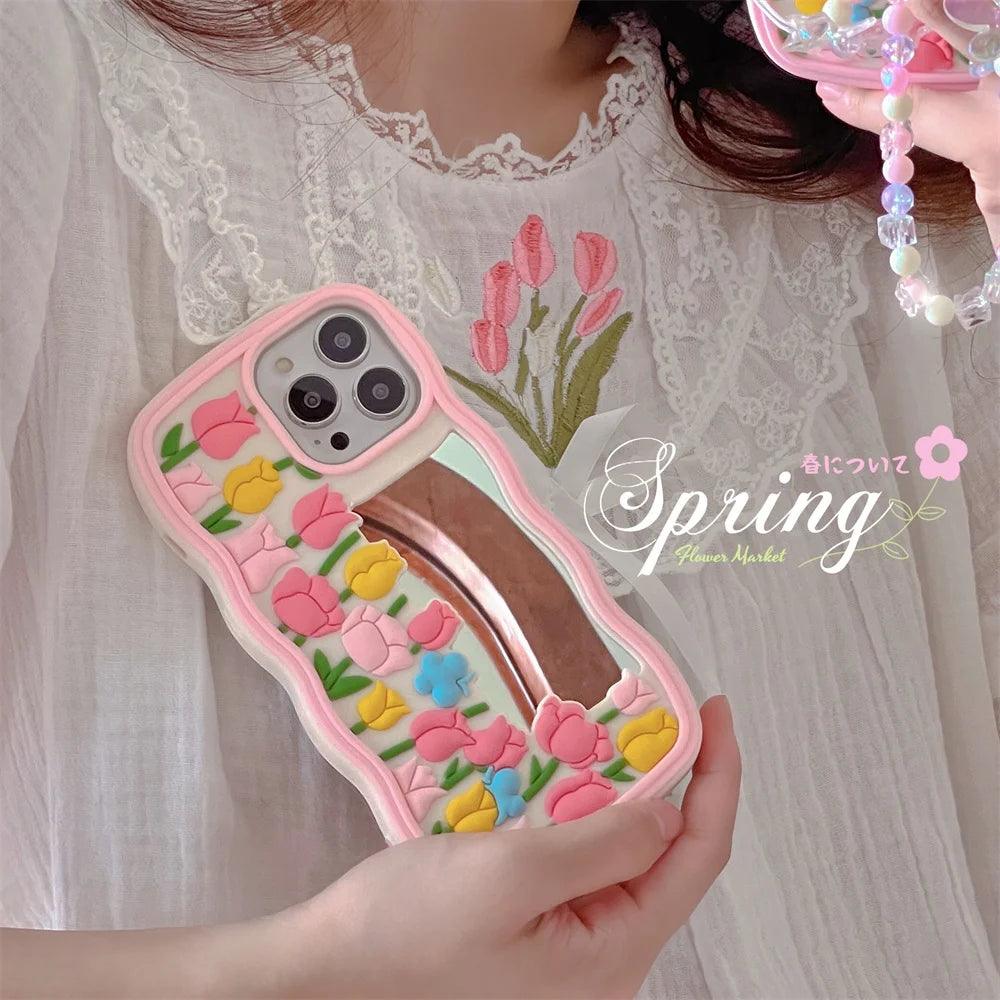 Cute Floral Phone Cases for iPhone 14, 13, 12, 11 Pro, XS Max, XR, X SE2, 6, 7, 8 Plus - Luxurious Soft Silicone Phone Cover with Lanyard and Pearl