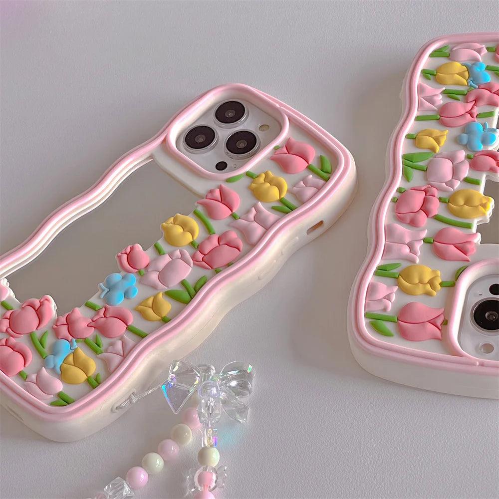 Cute Floral Phone Cases for iPhone 14, 13, 12, 11 Pro, XS Max, XR, X SE2, 6, 7, 8 Plus - Luxurious Soft Silicone Phone Cover with Lanyard and Pearl