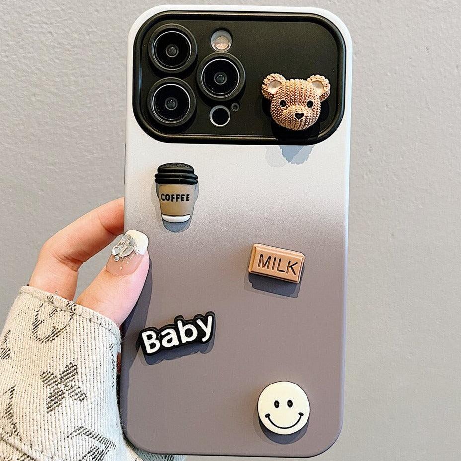 Cute Gradient 3D Coffee Bear Phone Case - For iPhone 14, 13, 12, 11 Pro Max, X, XR, XS Max Cover