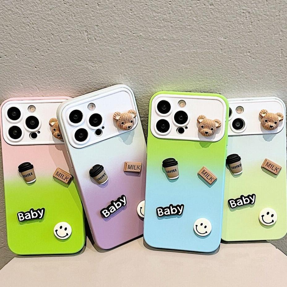 Cute Gradient 3D Coffee Bear Phone Case - For iPhone 14, 13, 12, 11 Pro Max, X, XR, XS Max Cover