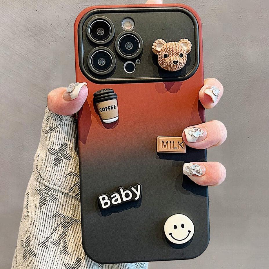 Cute Gradient 3D Coffee Bear Phone Case - For iPhone 14, 13, 12, 11 Pro Max, X, XR, XS Max Cover