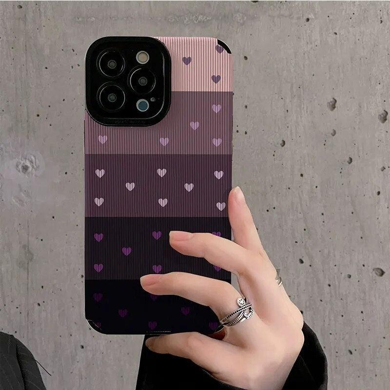 Cute Gradient Black and Purple Heart Pattern Phone Case for iPhone 14, 13, 12, 11, Pro Max, Mini, XR, XS, 6, 7, 8 Plus