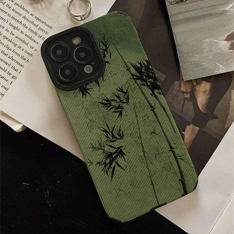 Cute Green Bamboo Phone Case with Soft Leather Cover for iPhone 6, 7, 8, XR, XS Max, 11, 12, 13, 14, Mini, and Pro Series