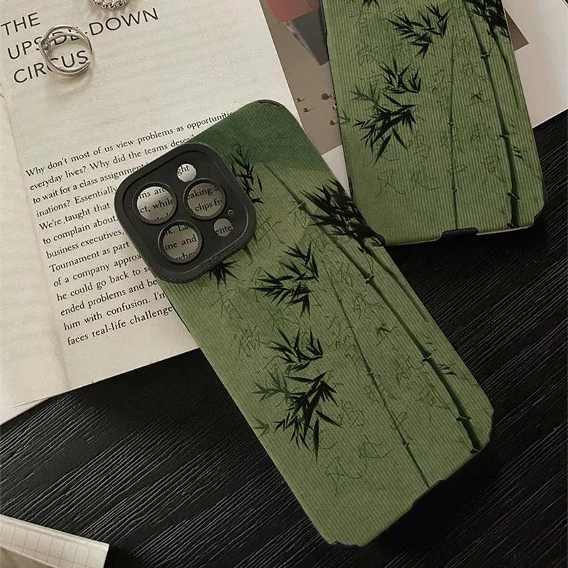 Cute Green Bamboo Phone Case with Soft Leather Cover for iPhone 6, 7, 8, XR, XS Max, 11, 12, 13, 14, Mini, and Pro Series