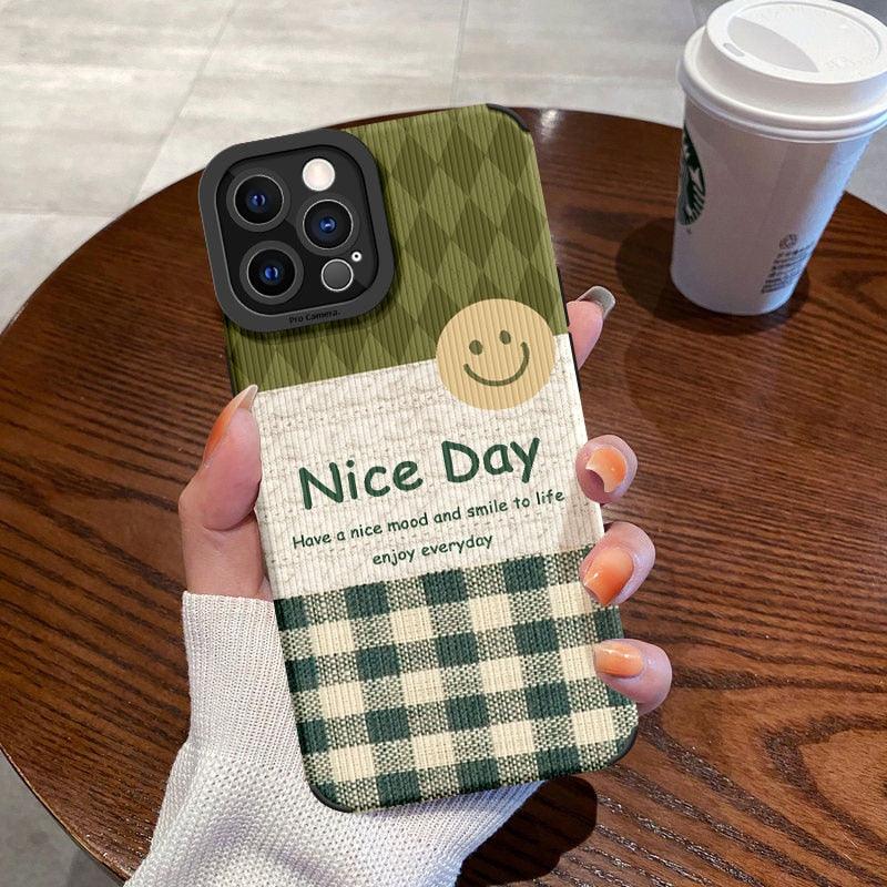 Cute Green Plaid Phone Case for iPhone 14, 13, 12, 11 Pro, X, XS, XR, Max, MiNi, 6, 7, 8 Plus - A Delightful Day Letter Design