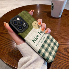 Cute Green Plaid Phone Case for iPhone 14, 13, 12, 11 Pro, X, XS, XR, Max, MiNi, 6, 7, 8 Plus - A Delightful Day Letter Design