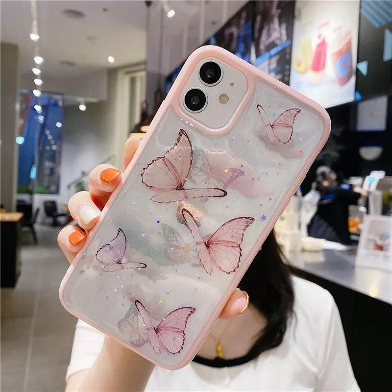 Cute Laser Card Butterfly Phone Case for iPhone 15 14 12 13 11 Pro Max XS Max XR 7 8 Plus Pink Purple Glitter Soft Clear TPU Cover