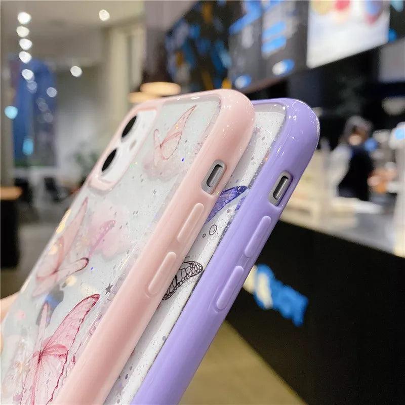 Cute Laser Card Butterfly Phone Case for iPhone 15 14 12 13 11 Pro Max XS Max XR 7 8 Plus Pink Purple Glitter Soft Clear TPU Cover