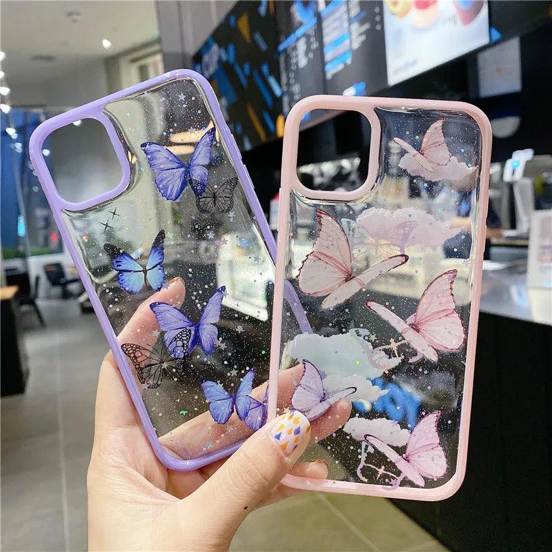 Cute Laser Card Butterfly Phone Case for iPhone 15 14 12 13 11 Pro Max XS Max XR 7 8 Plus Pink Purple Glitter Soft Clear TPU Cover