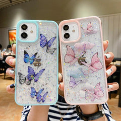 Cute Laser Card Butterfly Phone Case for iPhone 15 14 12 13 11 Pro Max XS Max XR 7 8 Plus Pink Purple Glitter Soft Clear TPU Cover