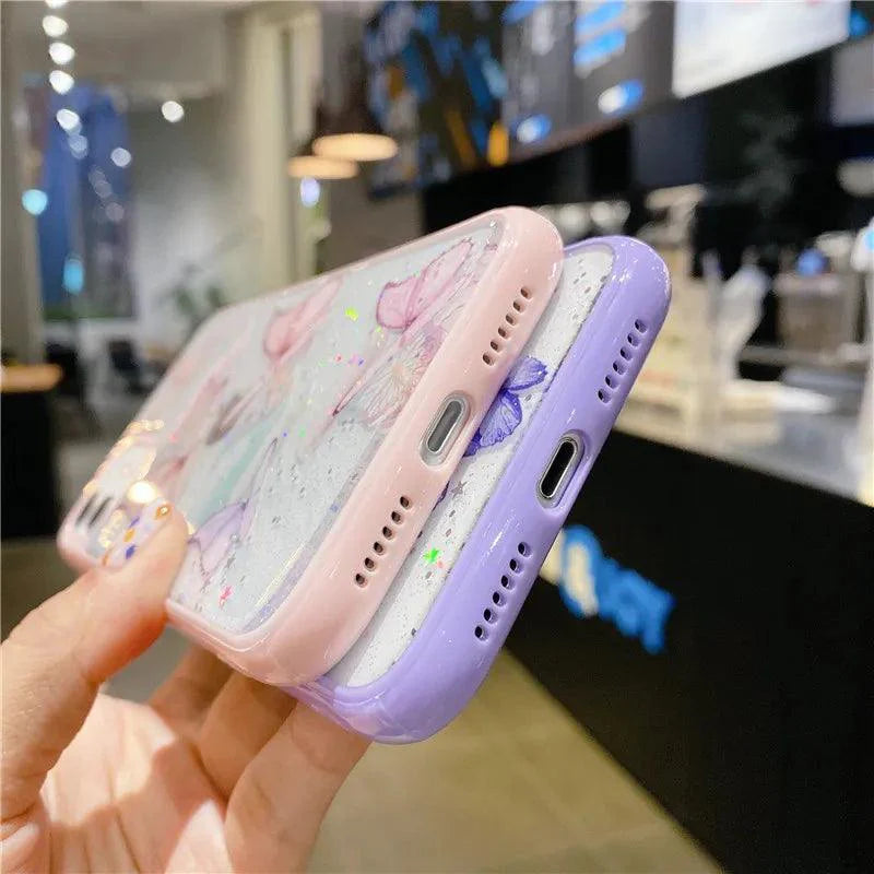 Cute Laser Card Butterfly Phone Case for iPhone 15 14 12 13 11 Pro Max XS Max XR 7 8 Plus Pink Purple Glitter Soft Clear TPU Cover