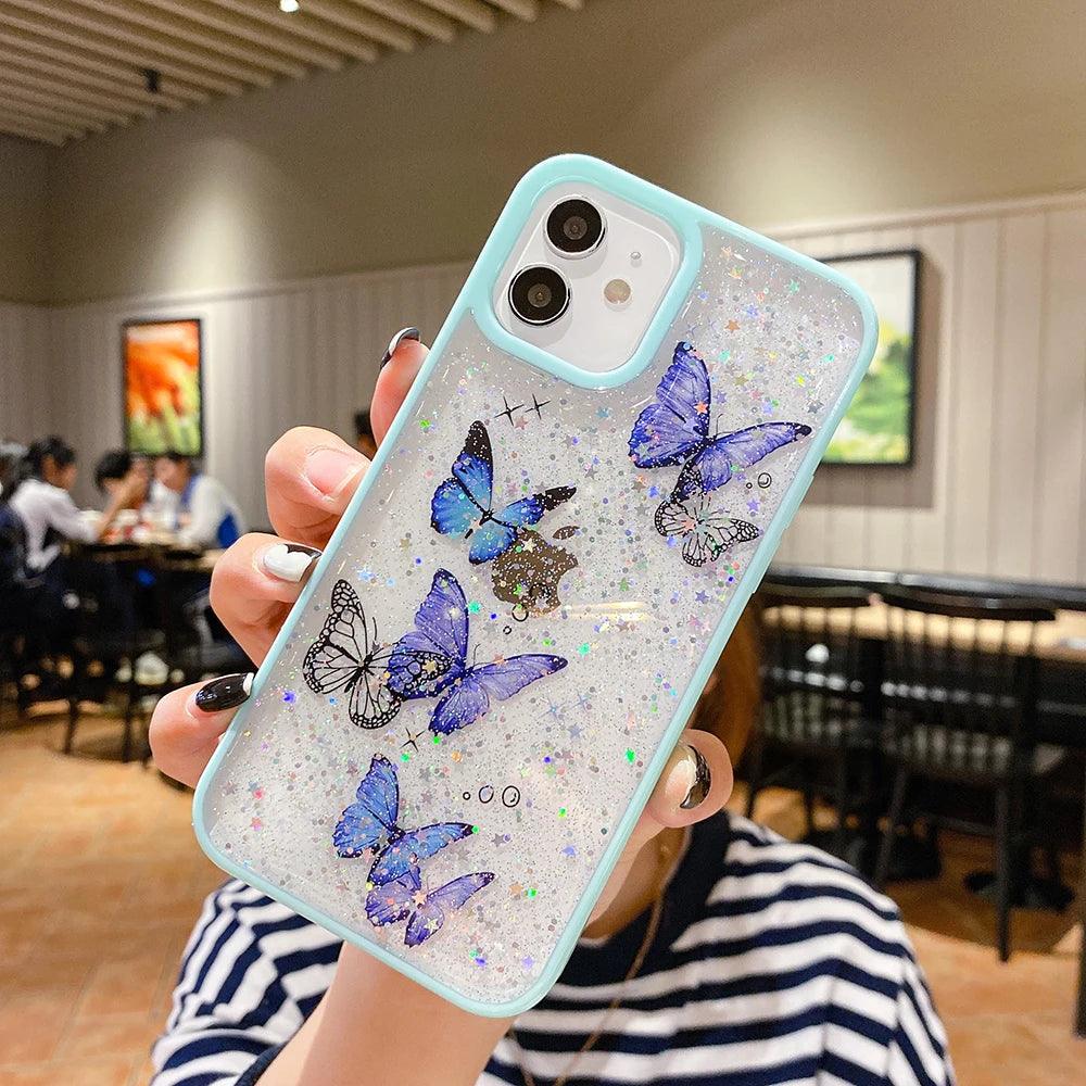 Cute Laser Card Butterfly Phone Case for iPhone 15 14 12 13 11 Pro Max XS Max XR 7 8 Plus Pink Purple Glitter Soft Clear TPU Cover