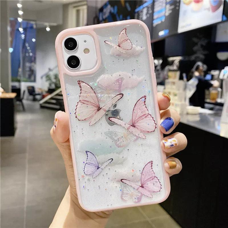 Cute Laser Card Butterfly Phone Case for iPhone 15 14 12 13 11 Pro Max XS Max XR 7 8 Plus Pink Purple Glitter Soft Clear TPU Cover