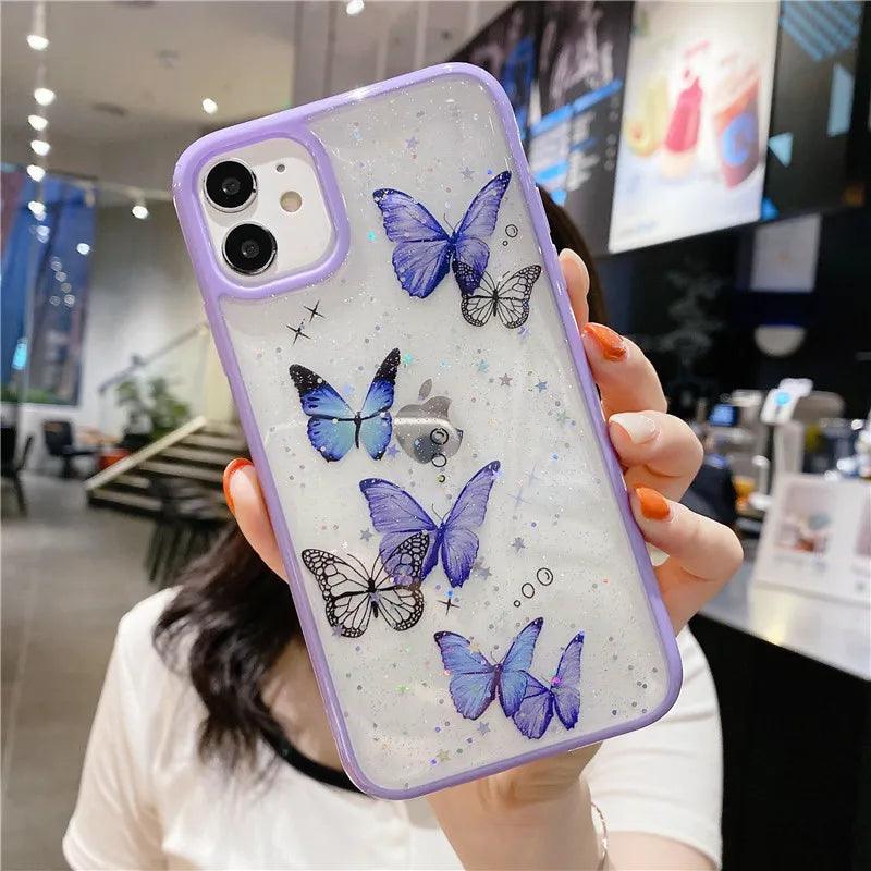 Cute Laser Card Butterfly Phone Case for iPhone 15 14 12 13 11 Pro Max XS Max XR 7 8 Plus Pink Purple Glitter Soft Clear TPU Cover