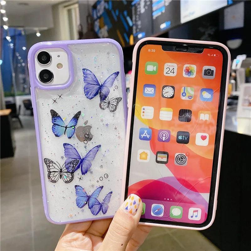 Cute Laser Card Butterfly Phone Case for iPhone 15 14 12 13 11 Pro Max XS Max XR 7 8 Plus Pink Purple Glitter Soft Clear TPU Cover