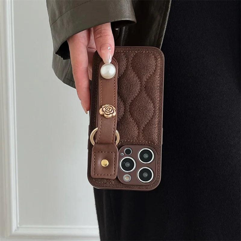 Cute Leather Phone Case with Fashion Wrist Strap for iPhone 11, 12, 13, 14, 15 Pro Max, XS, XR, X, and 15 Plus