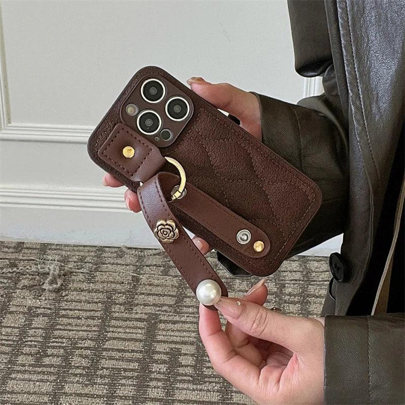 Cute Leather Phone Case with Fashion Wrist Strap for iPhone 11, 12, 13, 14, 15 Pro Max, XS, XR, X, and 15 Plus