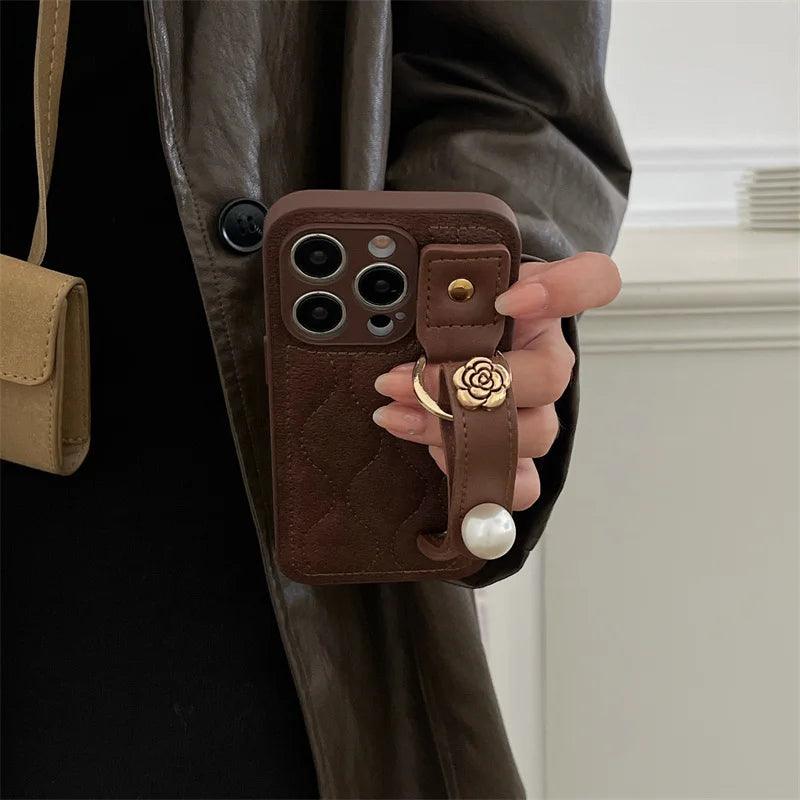 Cute Leather Phone Case with Fashion Wrist Strap for iPhone 11, 12, 13, 14, 15 Pro Max, XS, XR, X, and 15 Plus