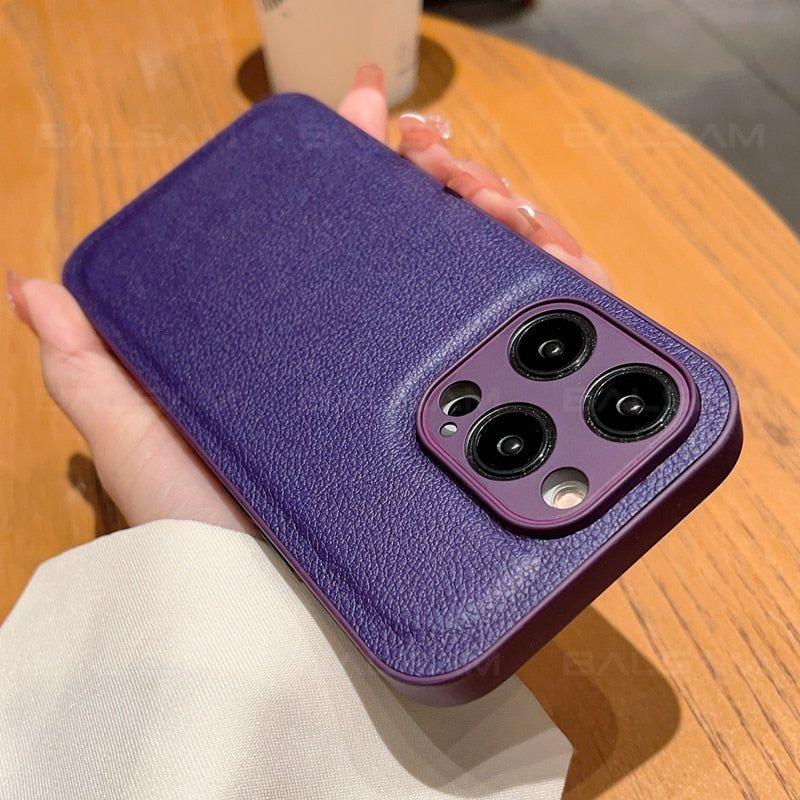 Cute Luxury Leather Texture Shockproof Phone Cases for iPhone 14, 13, 12, 11 Pro, XS Max, XR, 7, 8 Plus, SE2022 Mini, with Candy Color Soft Silicone Cover