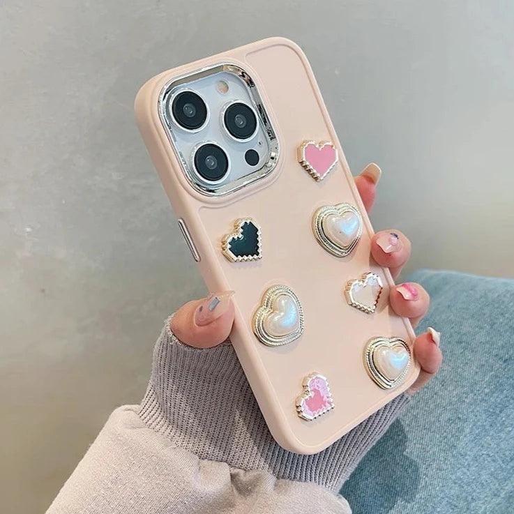 Cute Phone Case BCPC For iPhone 15, 14, 13, 12, or 11 Pro Max - 3D Pearl & Heart