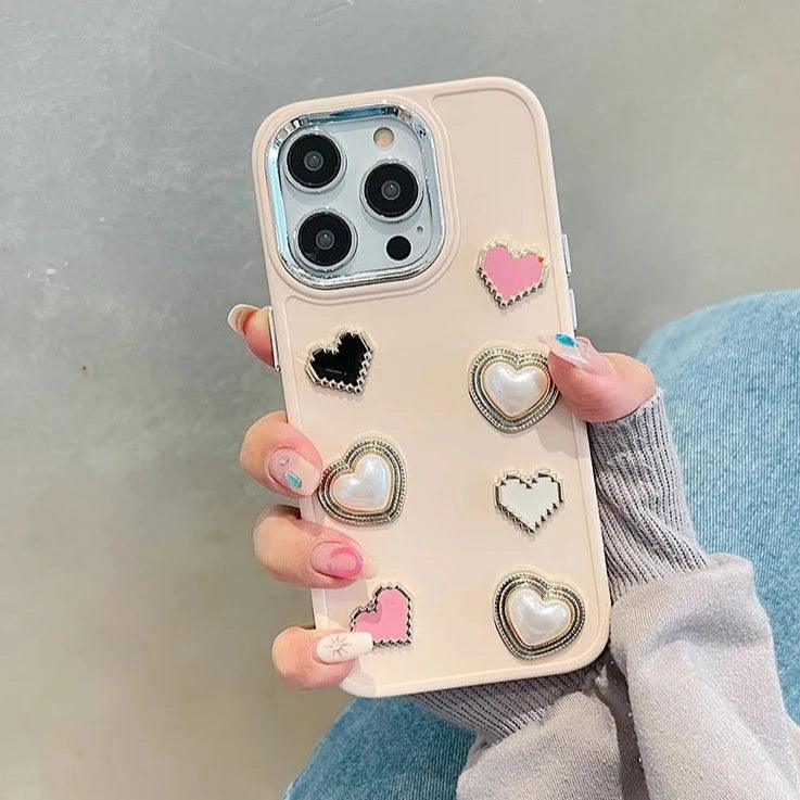 Cute Phone Case BCPC For iPhone 15, 14, 13, 12, or 11 Pro Max - 3D Pearl & Heart