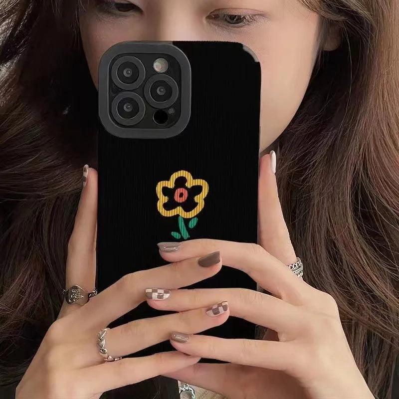 Cute Phone Case for iPhone 14 13 12 11 Pro Max, 14 Plus, X XR XS Max, 7 8 Plus, 12 13 Mini: Simple Flower Pattern on Black