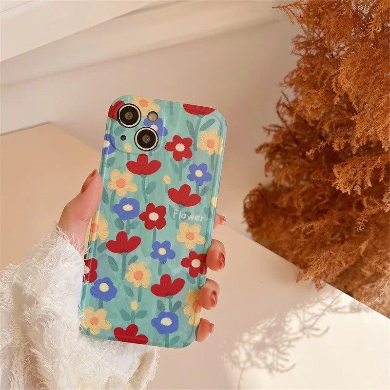 Cute Phone Case with Fairy Garden Flowers Oil Painting for iPhone 14, 13, 12, 11 Pro Max, and 14 Plus