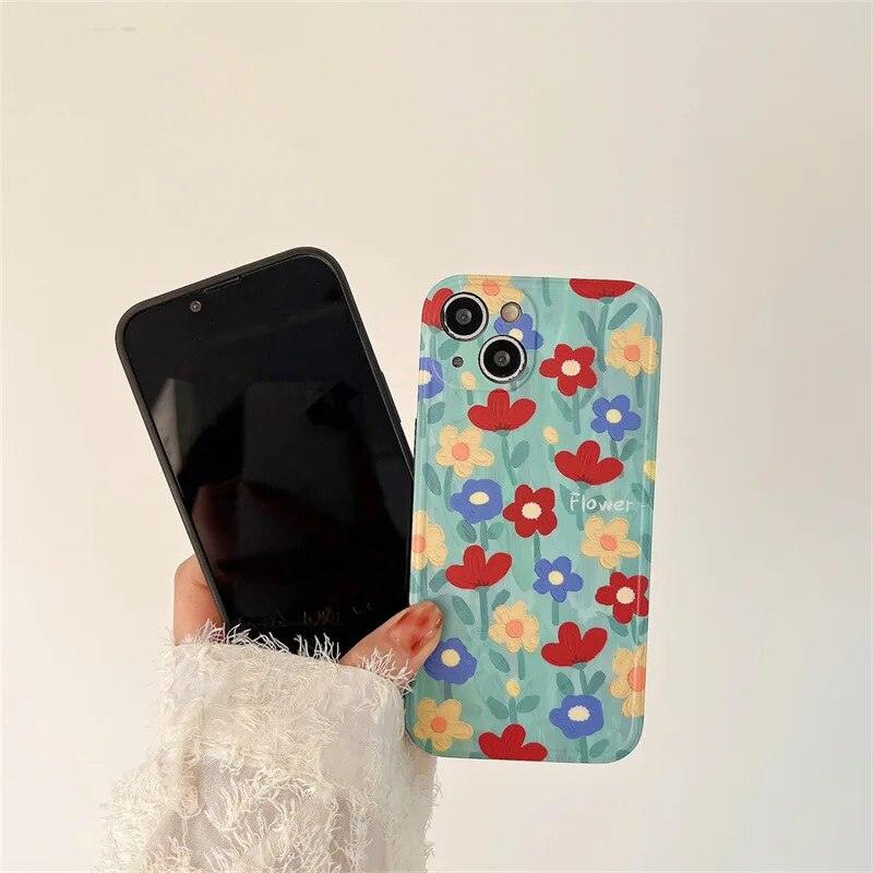 Cute Phone Case with Fairy Garden Flowers Oil Painting for iPhone 14, 13, 12, 11 Pro Max, and 14 Plus