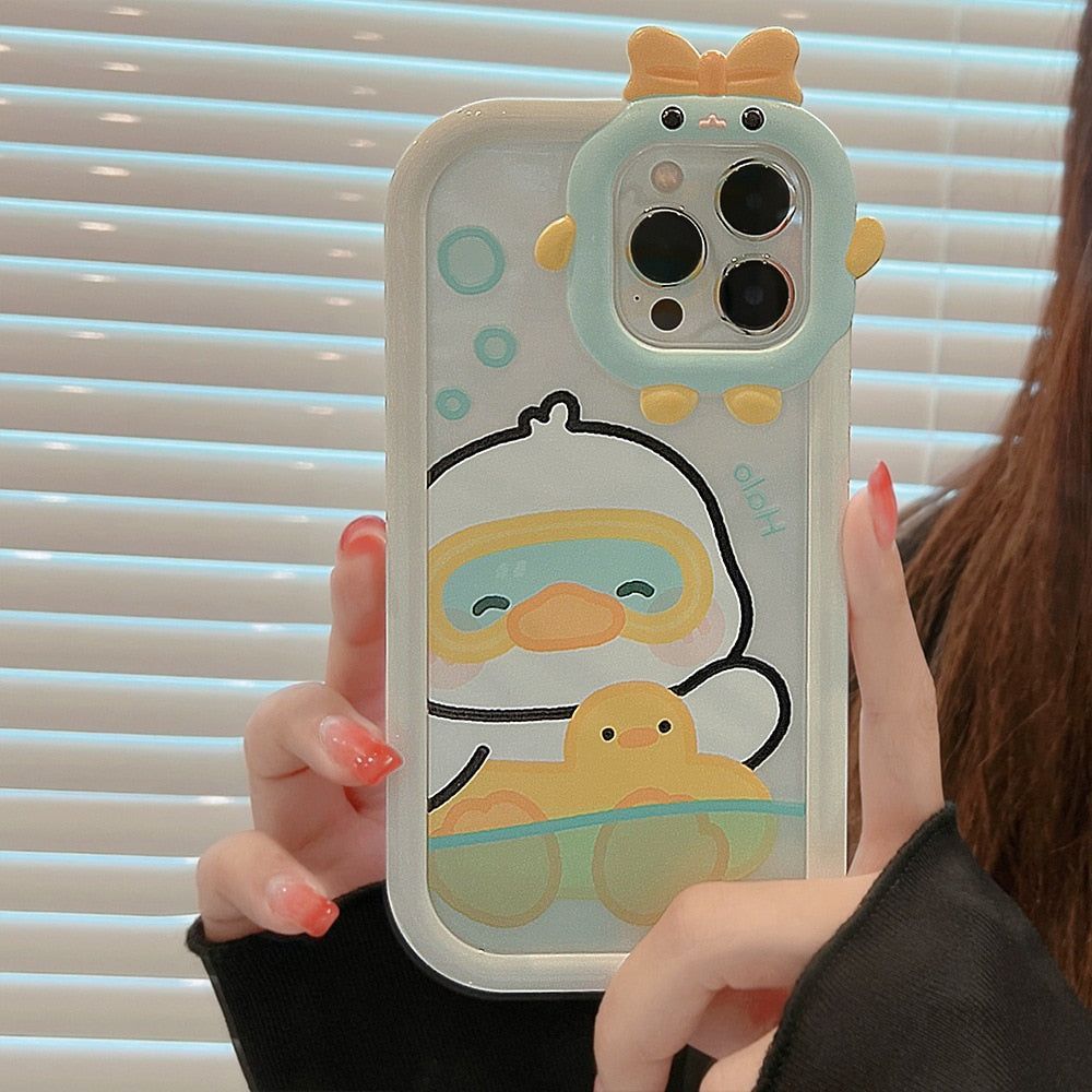 Cute Phone Cases for iPhone 11, 12, 13, 14 Pro Max & 14 Plus - Sweet Swimming Duck, TPU Transparent