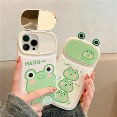 Cute Phone Cases for iPhone 14 13 12 11 Pro Max Plus - Frog Cartoon Makeup Mirror Camera Lens Stand